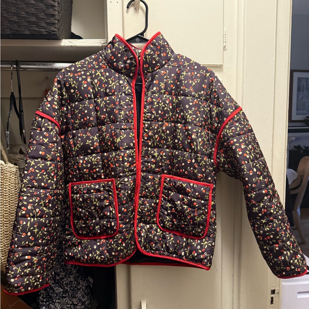Cherry Puffer Jacket with Red Trim